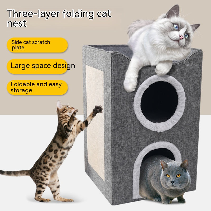 3 Layer Foldable Cat Bed With Scratcher